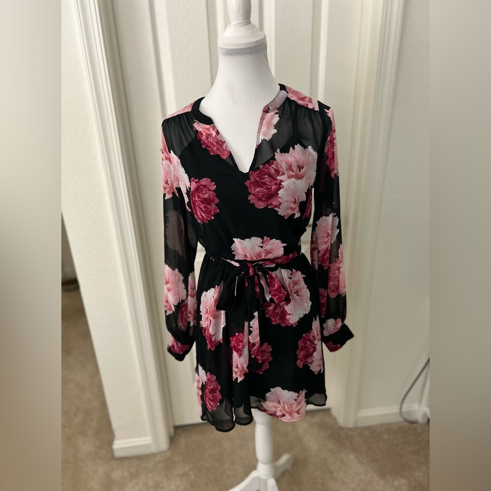NWT 🔮 Banana Republic 🔮 Black, Pink & Red Floral Long Sleeve Dress - XS - Picture 3 of 7